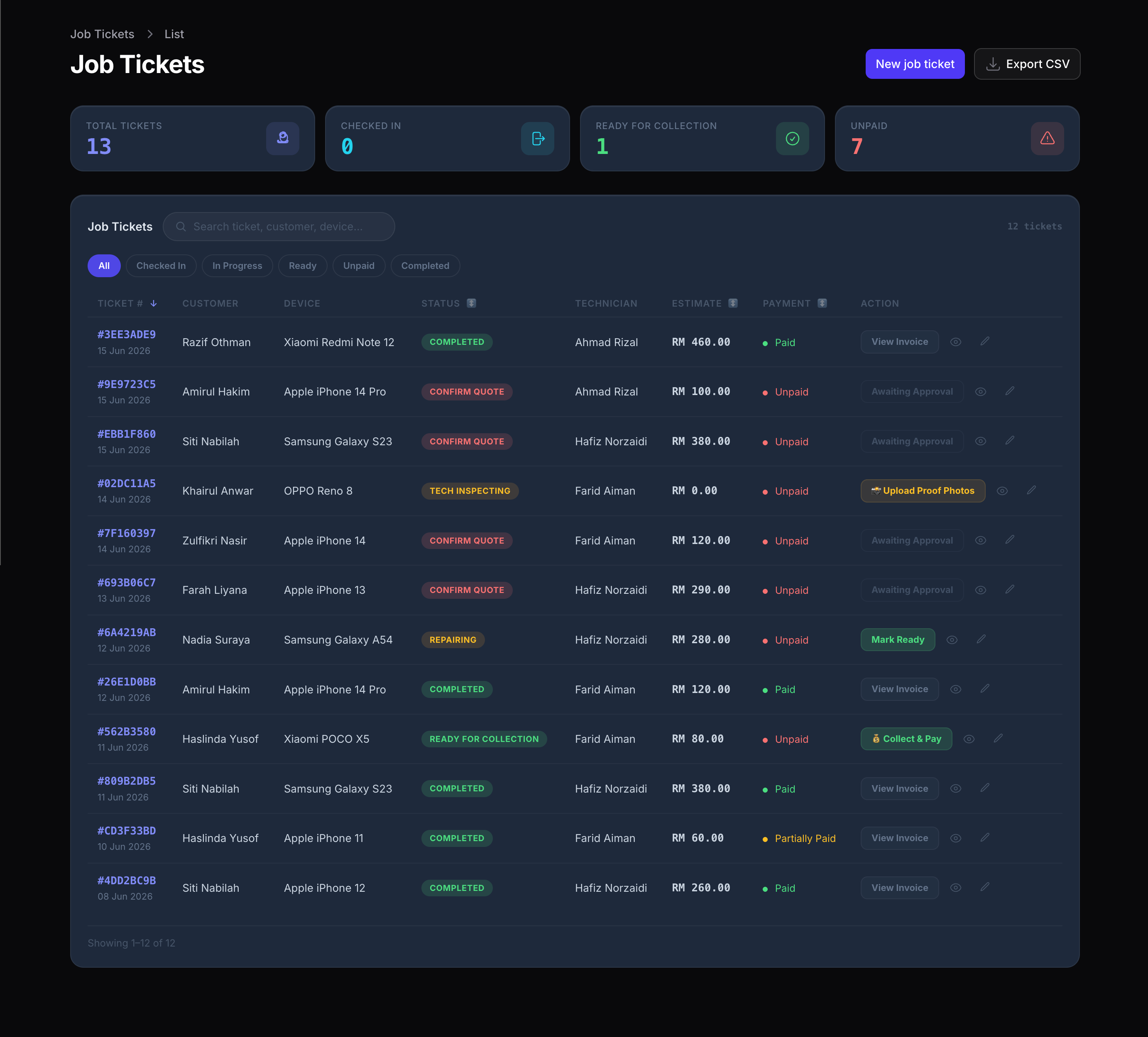 FixFast Job Tickets panel — manage all repair tickets in one list