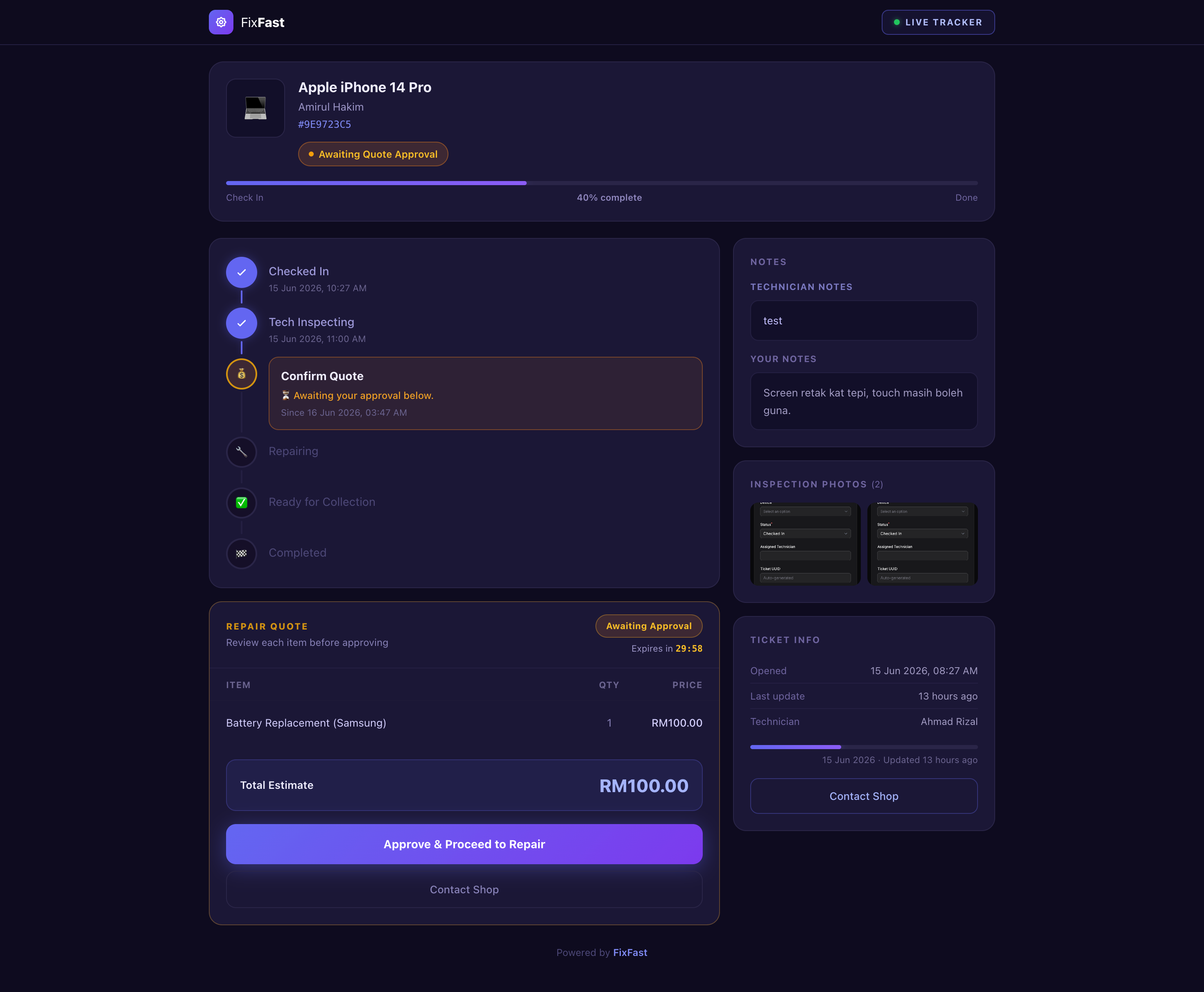 FixFast Customer Live Tracker — customers track repair status and approve quotes